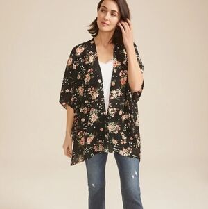Maurices Black Floral Kimono One Size